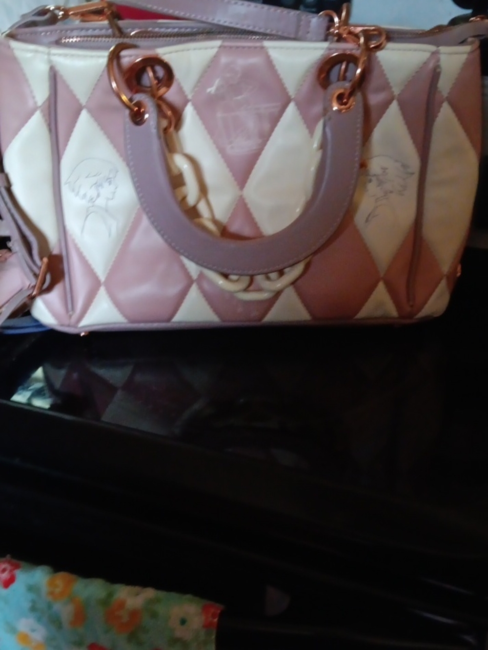 Quilted Pink and Cream Diamond-Pattern Satchel with Rose Gold Hardware